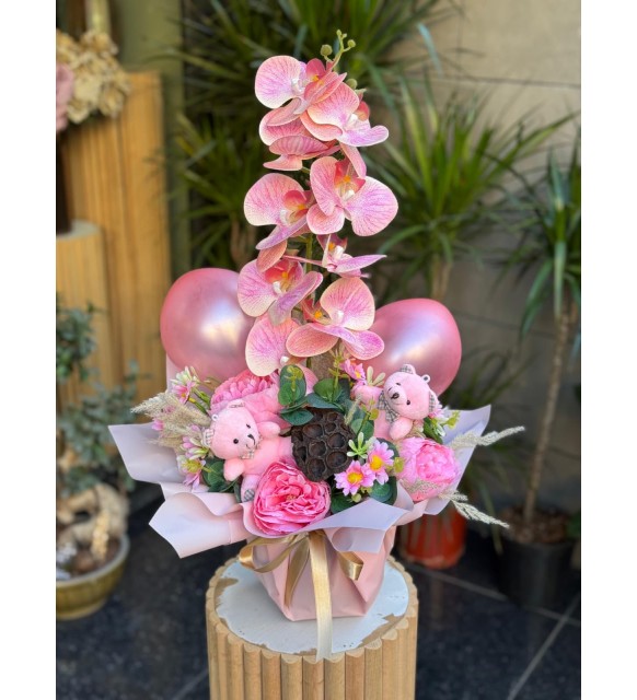 Pembe Yapay Orkide - Ayıcık - Balon